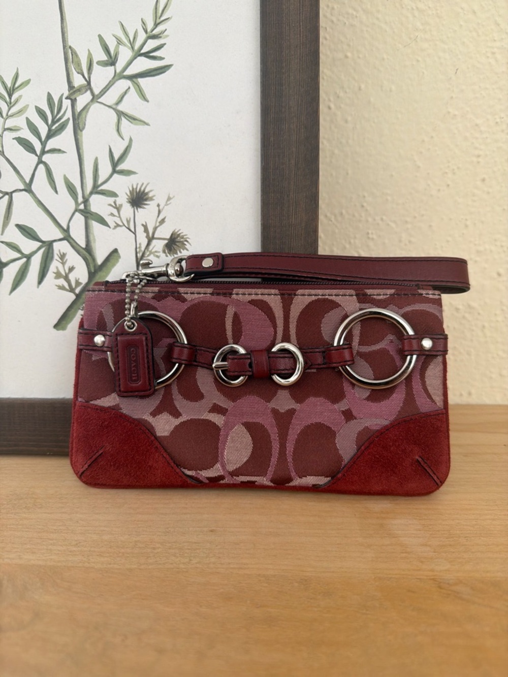 Coach Signature Wristlet in Burgundy and Pink with Silver Hardware